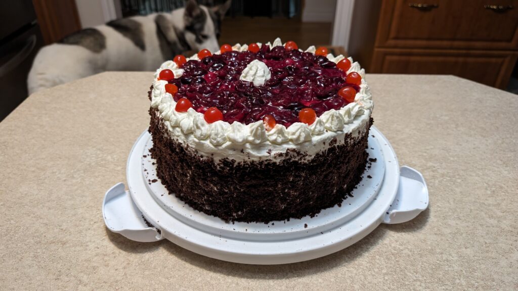 A homemade black forest cake, about 11" round and 6" high, with cherry sauce and a ring of maraschino cherries on the top. The cake sits on a white plastic tray on a kitchen island. A husky dog can be seen in the background.